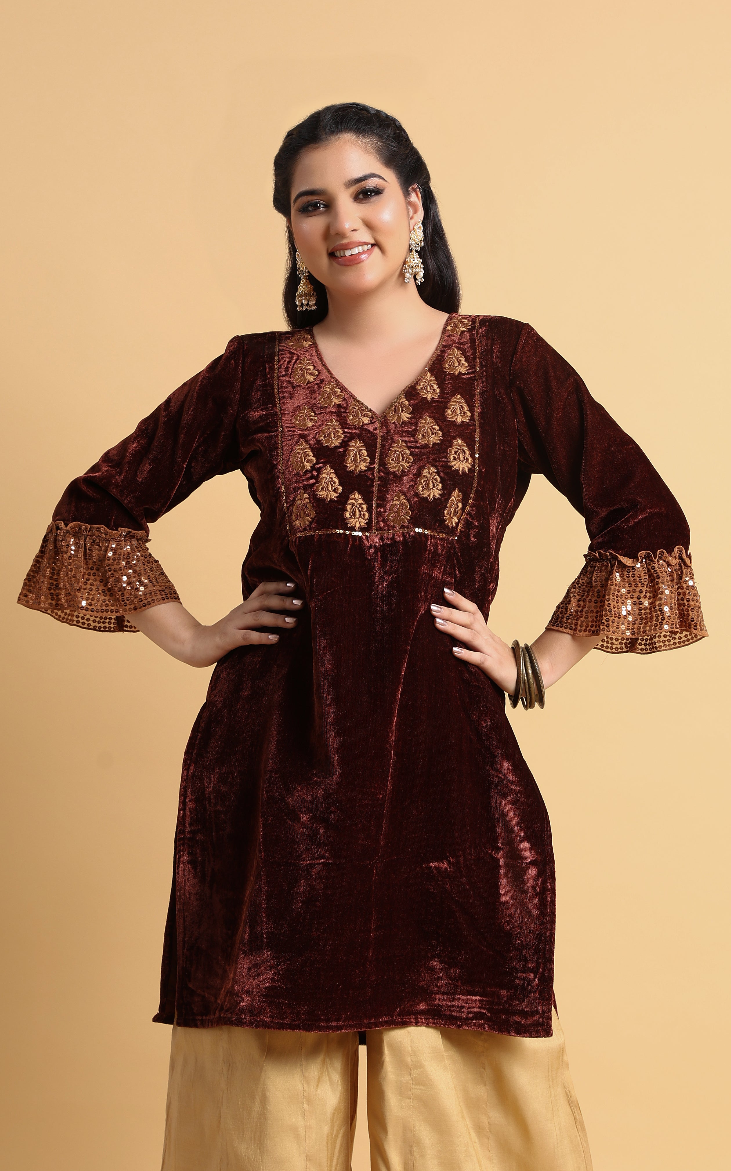 Leya - Maroon Velvet Embroidered Kurti with Sequin Cuff Sleeves