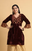 Leya - Maroon Velvet Embroidered Kurti with Sequin Cuff Sleeves