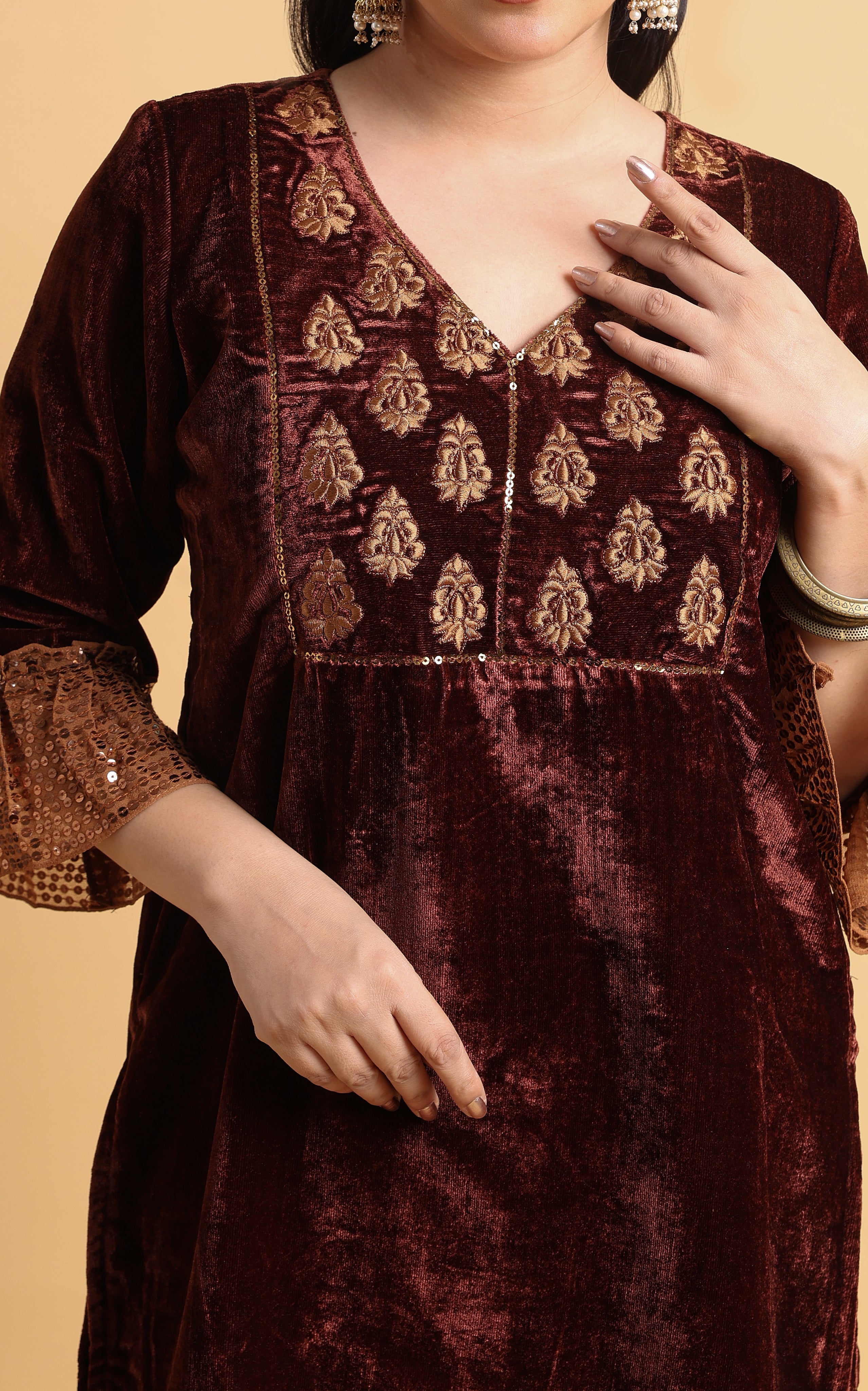 Leya - Maroon Velvet Embroidered Kurti with Sequin Cuff Sleeves