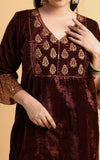 Leya - Maroon Velvet Embroidered Kurti with Sequin Cuff Sleeves