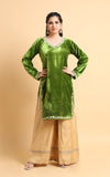 Arna - Light Green Velvet Embroidered Kurti with Scalloped Sleeves