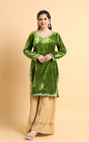 Arna - Light Green Velvet Embroidered Kurti with Scalloped Sleeves
