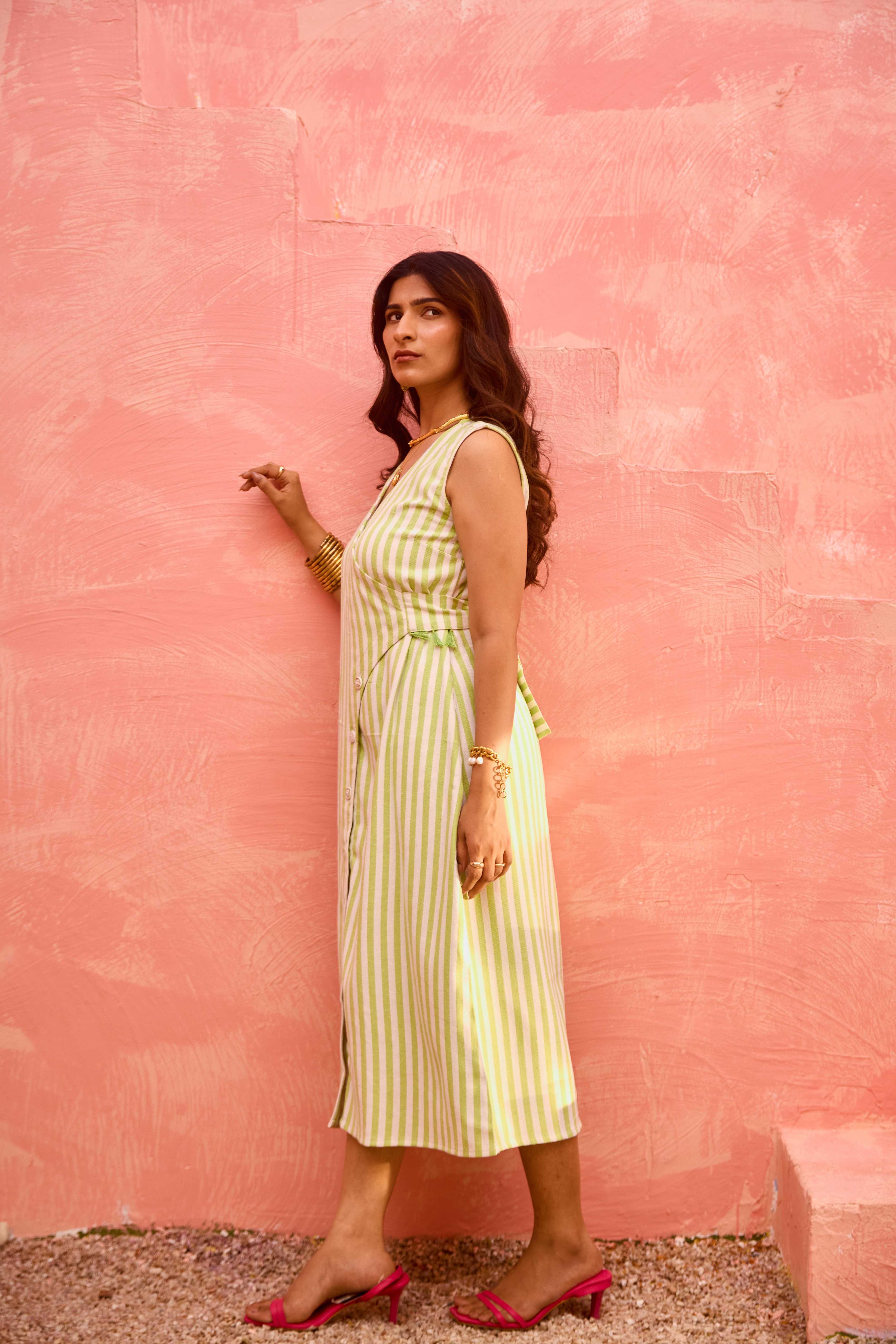 Ayla – Sleeveless Striped Wrap Midi Dress with Button Detail