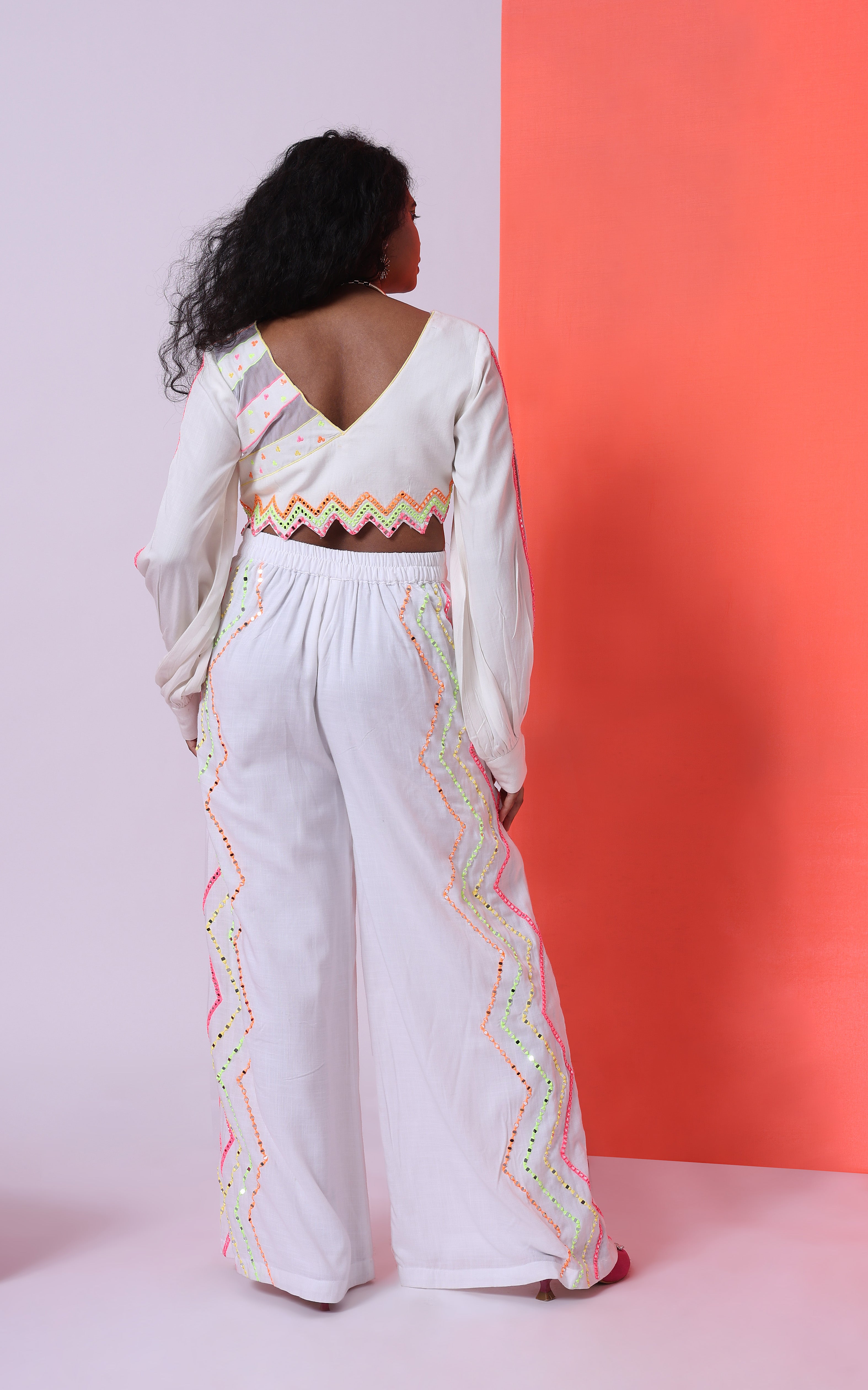 GLO'D UP- CHEVRON EMBROIDERED WIDE-LEG PANT SET  [WHITE]