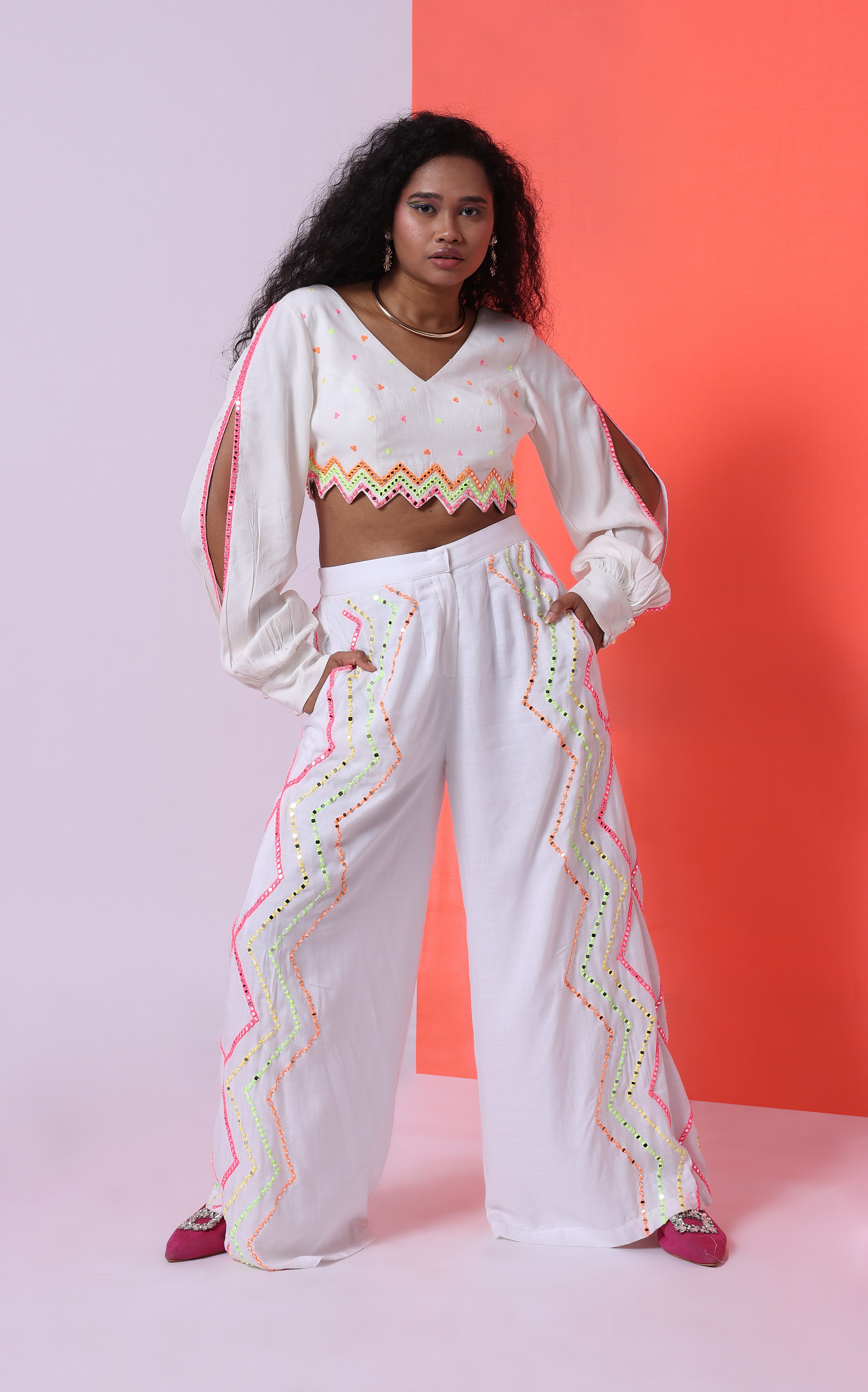 GLO'D UP- CHEVRON EMBROIDERED WIDE-LEG PANT SET  [WHITE]