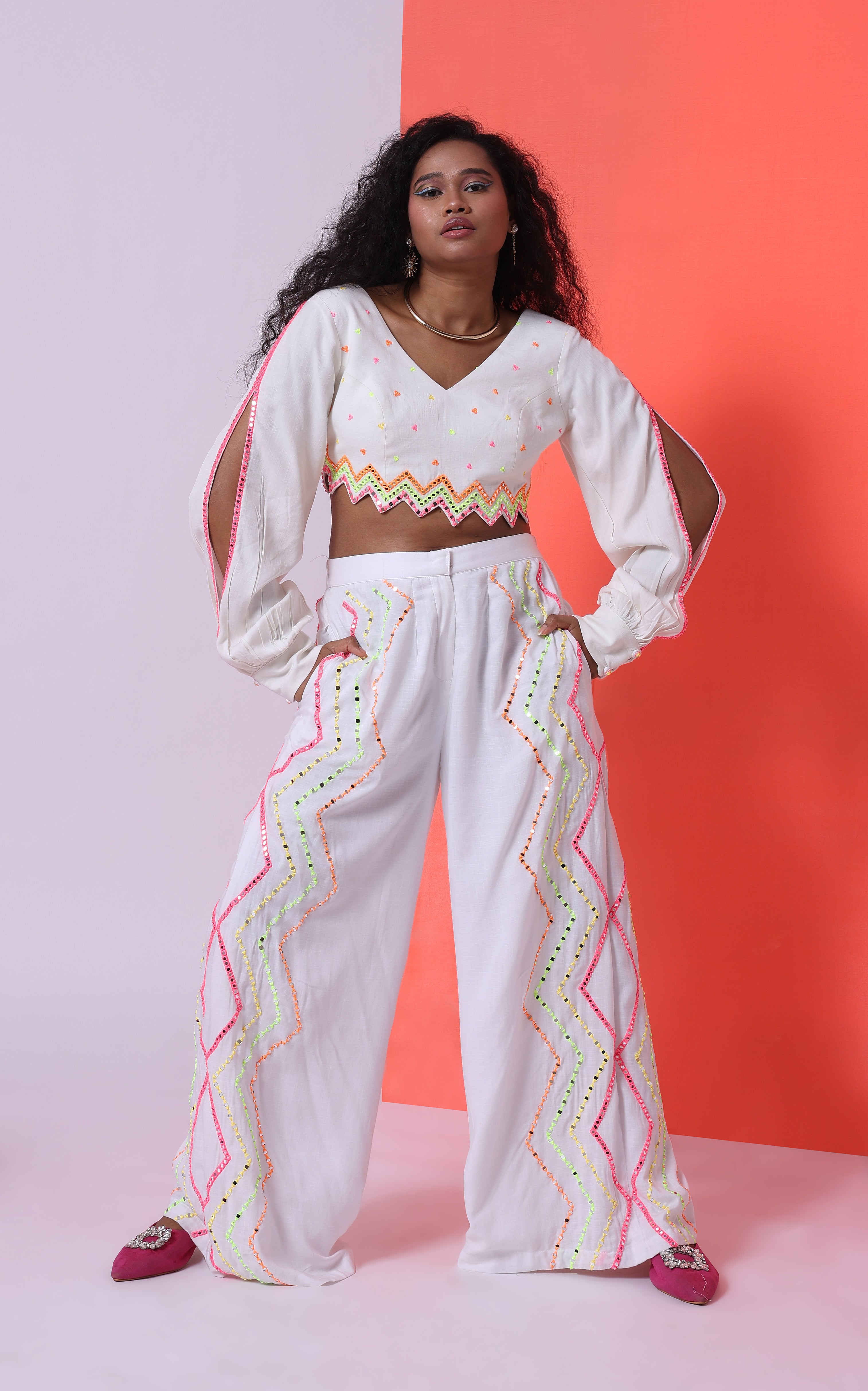 GLO'D UP- CHEVRON EMBROIDERED WIDE-LEG PANT SET  [WHITE]