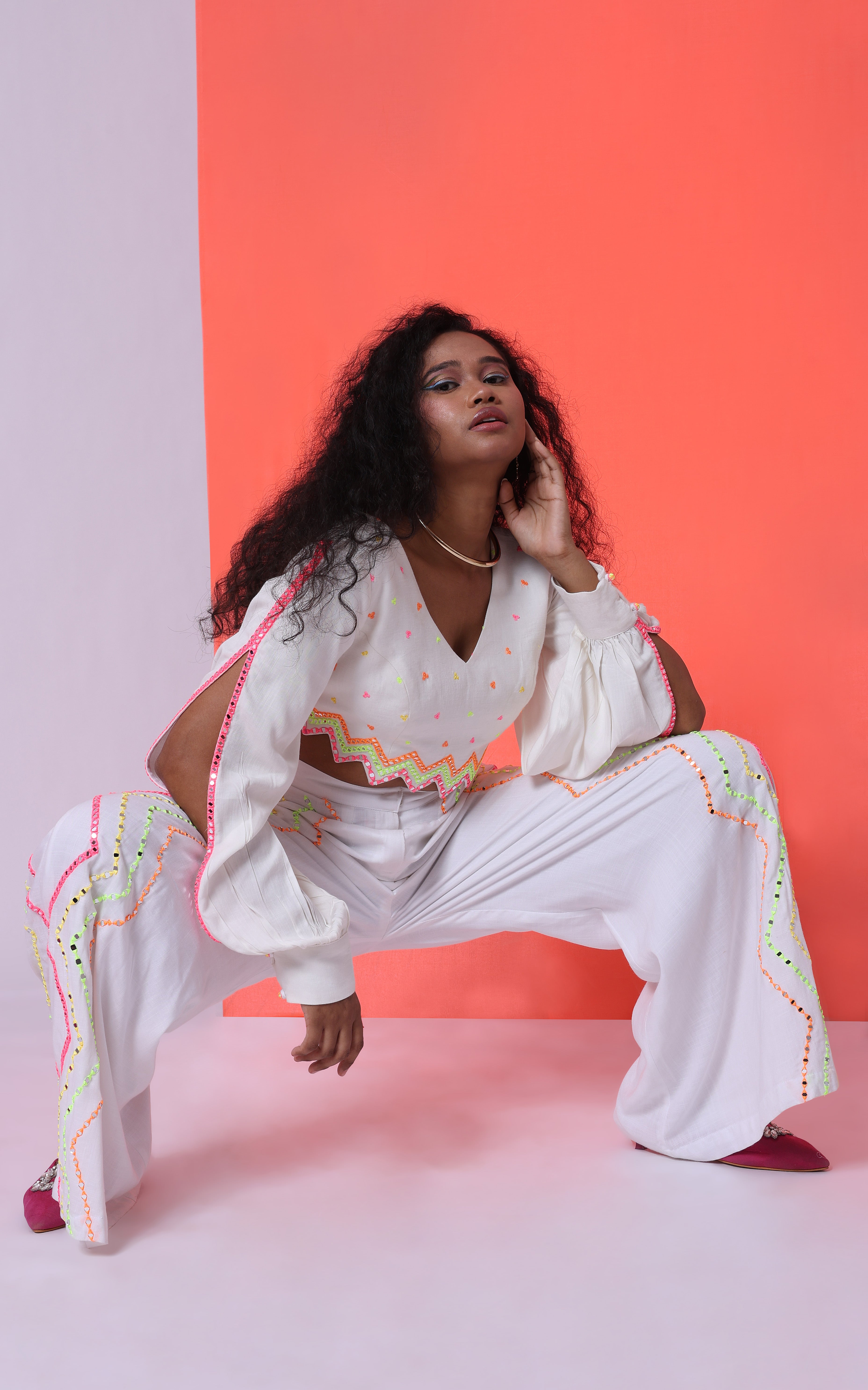 GLO'D UP- CHEVRON EMBROIDERED WIDE-LEG PANT SET  [WHITE]