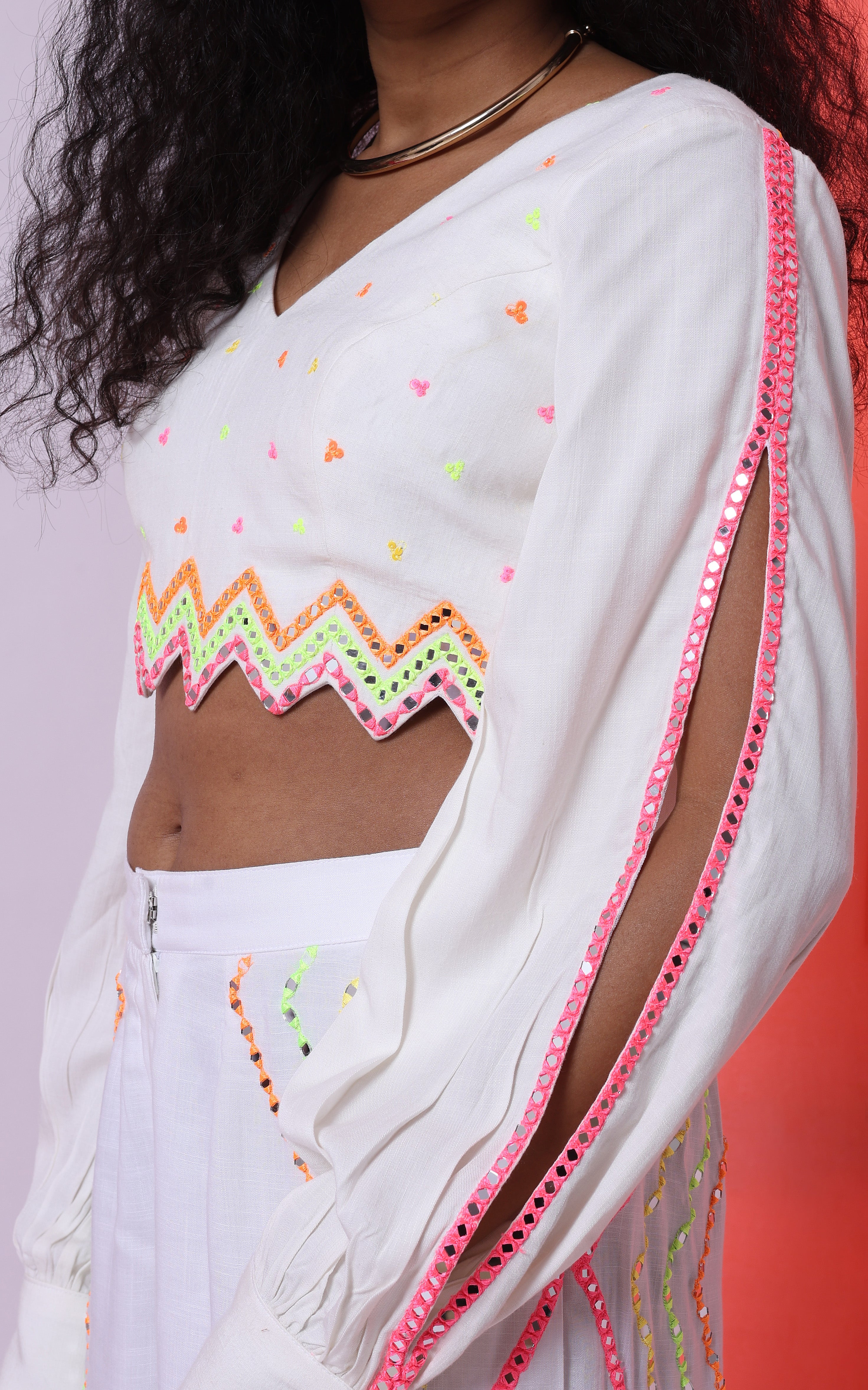 GLO'D UP- CHEVRON EMBROIDERED WIDE-LEG PANT SET  [WHITE]