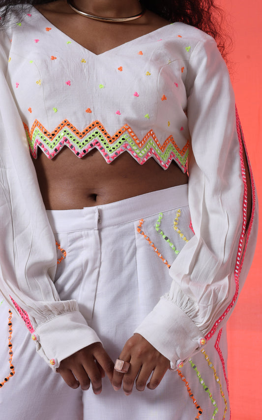 GLO'D UP- CHEVRON EMBROIDERED WIDE-LEG PANT SET  [WHITE]