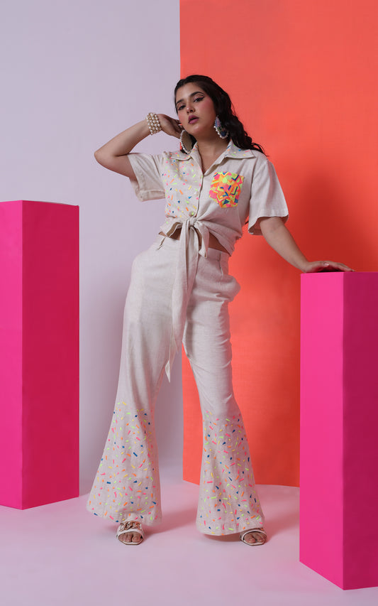 LOVE TO LAY- EMBROIDERED FLARED PANT SET [ECRU]