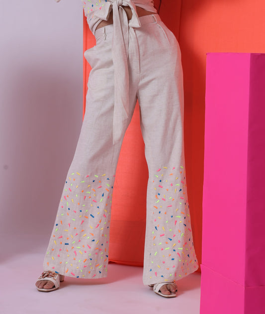 LOVE TO LAY-  EMBROIDERED FLARED TROUSERS [ECRU]