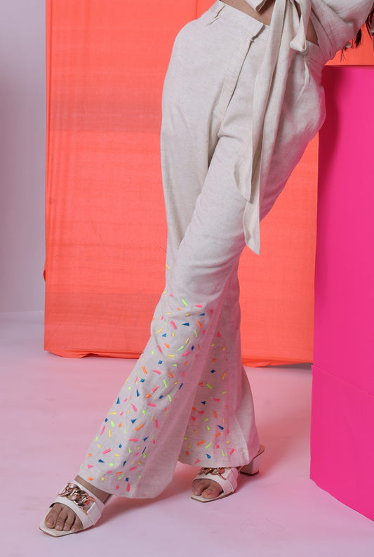 LOVE TO LAY-  EMBROIDERED FLARED TROUSERS [ECRU]